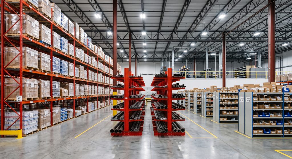 Armazém industrial com estanteria porta-paletes, cantilever e prateleiras ligeiras lado a lado
