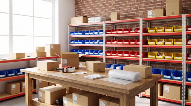 Small e-commerce fulfilment space with metal shelving and a packing table