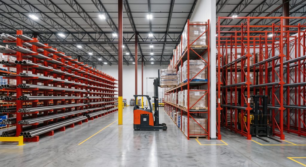 Cantilever, pallet and drive-in racking compared in one warehouse