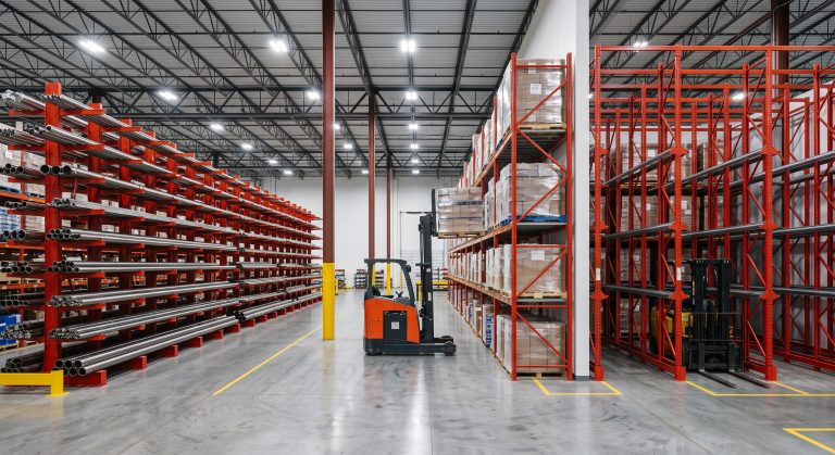 Cantilever, pallet and drive-in racking compared in one warehouse