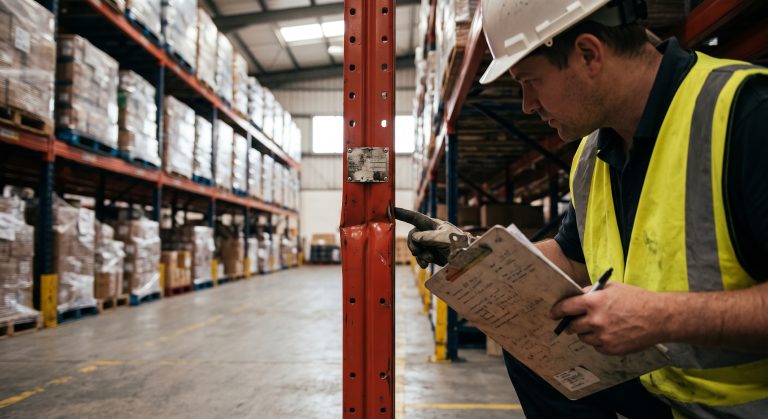 Safety inspector checking a pallet racking upright and its load plate