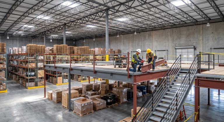 Industrial steel mezzanine platform being assembled inside a warehouse