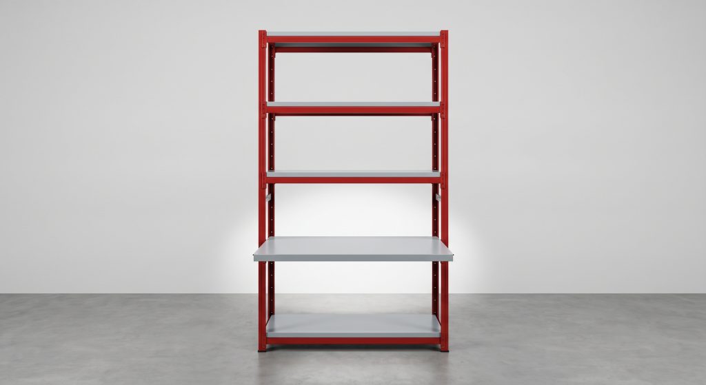 Metal shelving unit with one shelf panel pulled out to show the difference
