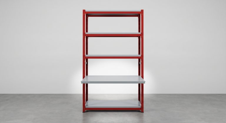 Metal shelving unit with one shelf panel pulled out to show the difference