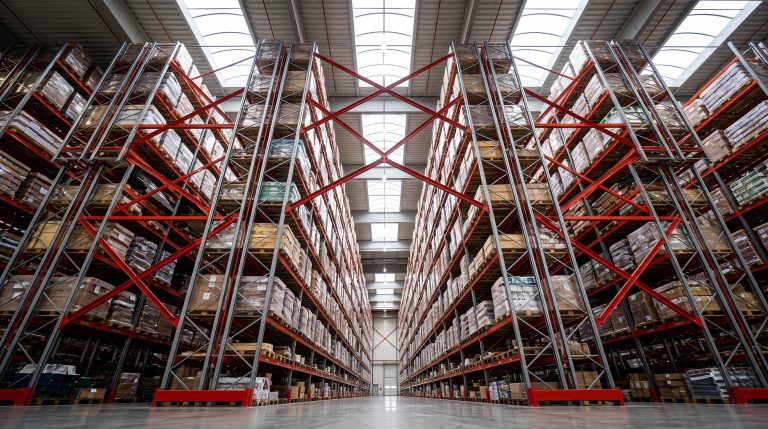 Tall pallet racking with strong bracing seen from a low angle