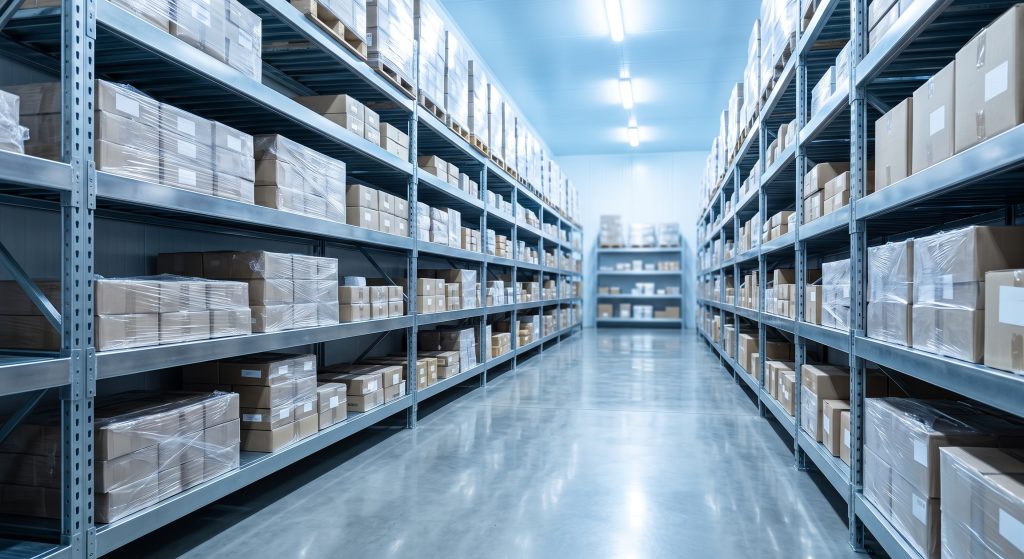 Estantes galvanizadas limpas com produtos embalados num armazém alimentar
