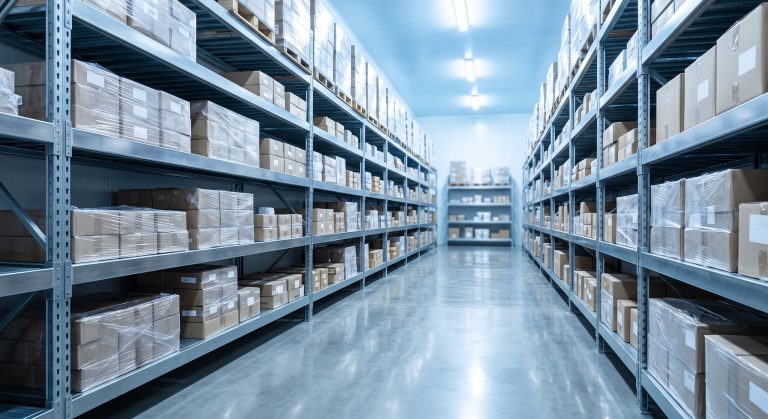 Clean galvanized shelving with packaged goods in a food storage warehouse