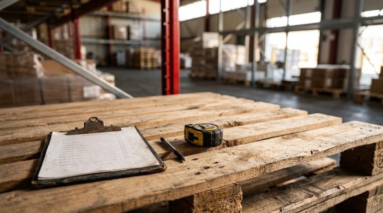 Checklist and tape measure resting on a pallet in front of racking