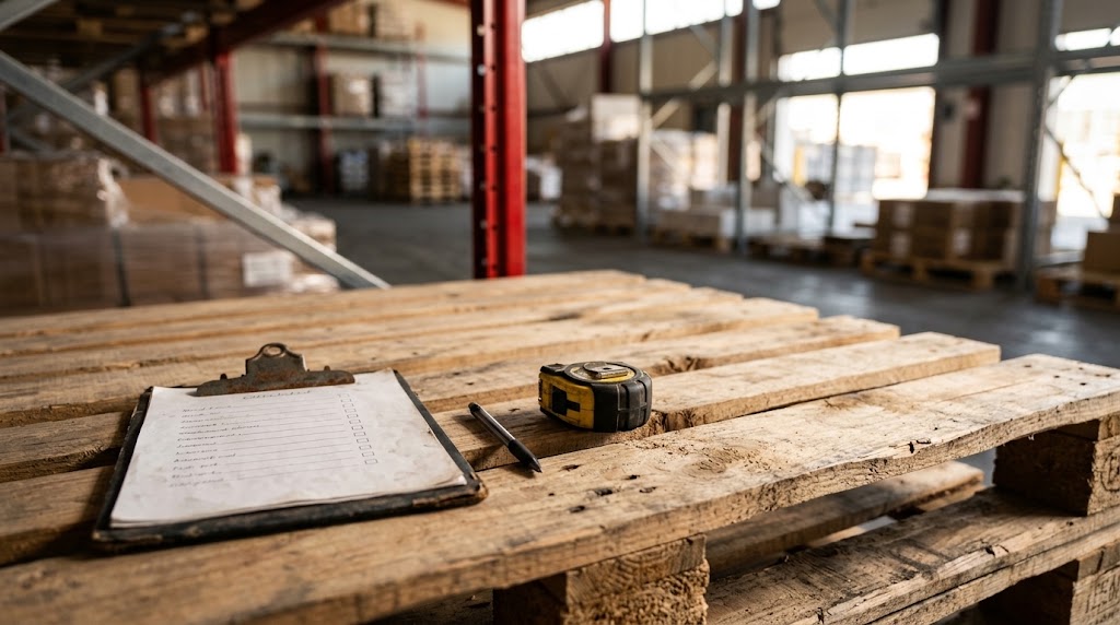Checklist and tape measure resting on a pallet in front of racking