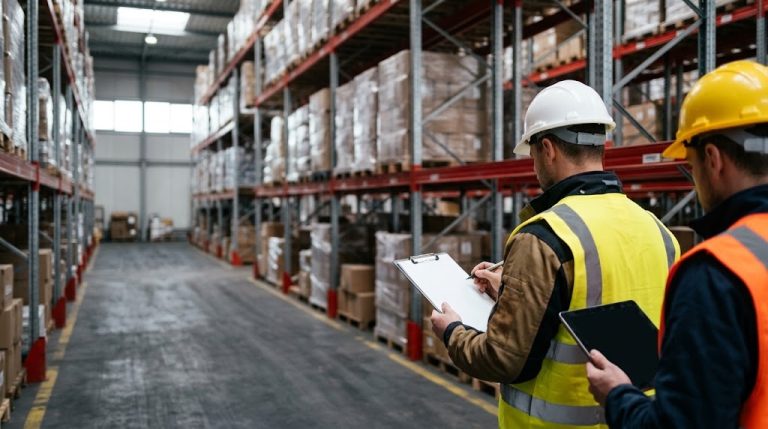 Two engineers comparing racking supplier documents beside a pallet rack