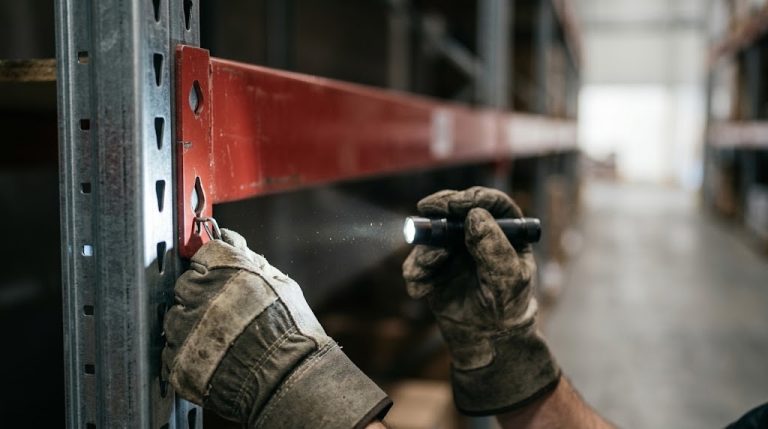 Worker inspecting beam connectors and safety pins on pallet racking
