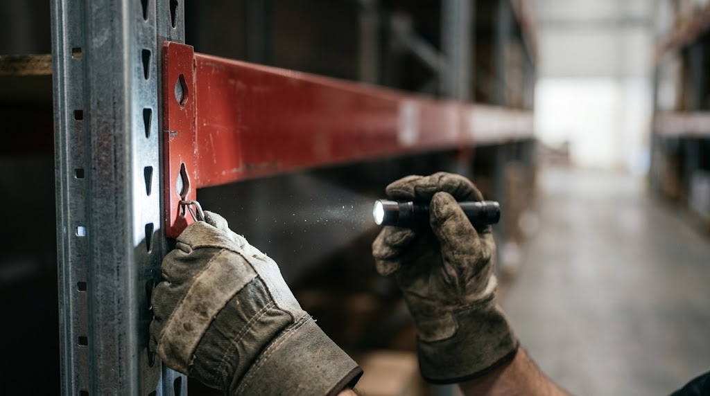 Worker inspecting beam connectors and safety pins on pallet racking