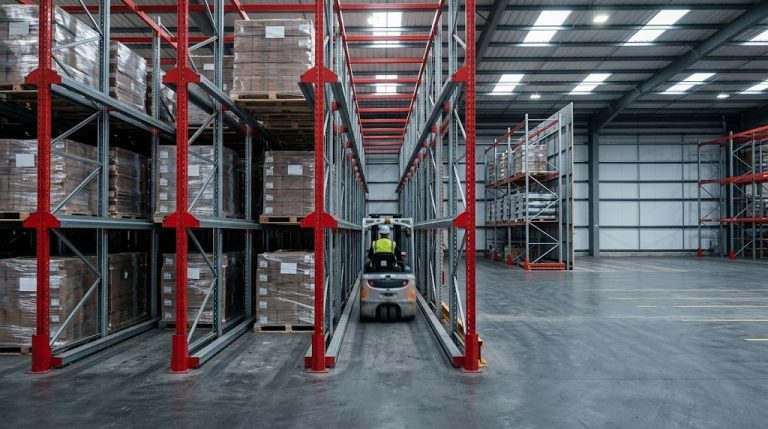 Dense drive-in racking lanes with pallets stored several deep
