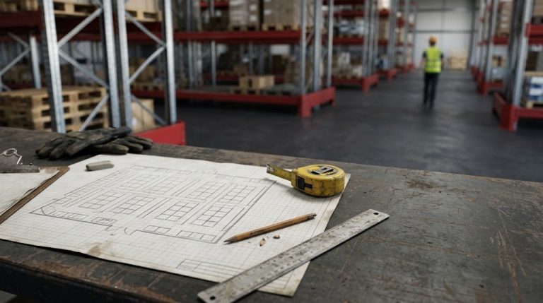 Warehouse floor plan sketch and tape measure on a desk with racking behind