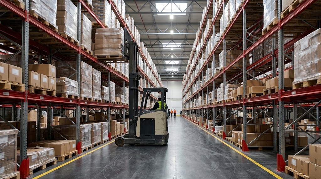 Reach truck working in a narrow warehouse aisle between pallet racking