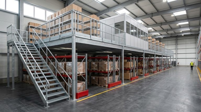 Completed industrial mezzanine adding a second level inside a warehouse