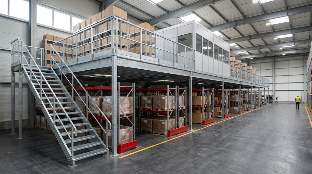 Completed industrial mezzanine adding a second level inside a warehouse