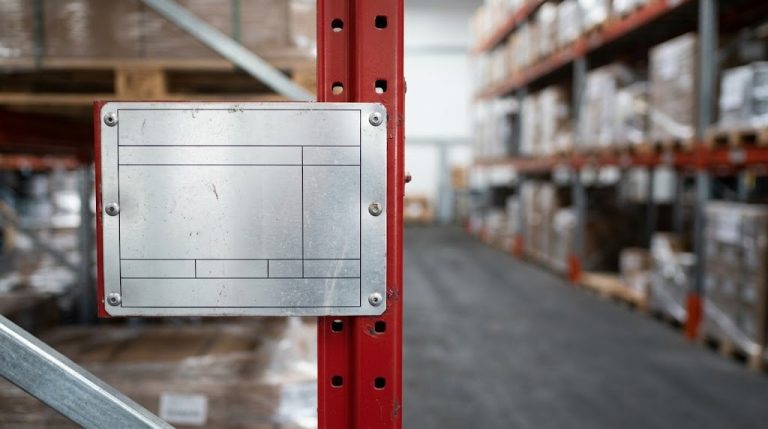 Load plate mounted on a racking upright at the end of an aisle