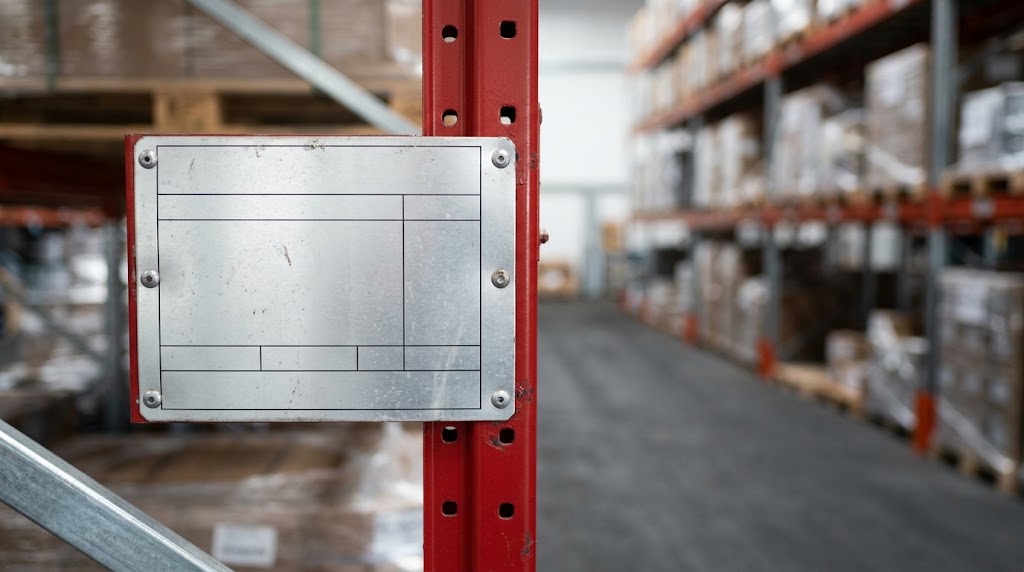 Load plate mounted on a racking upright at the end of an aisle