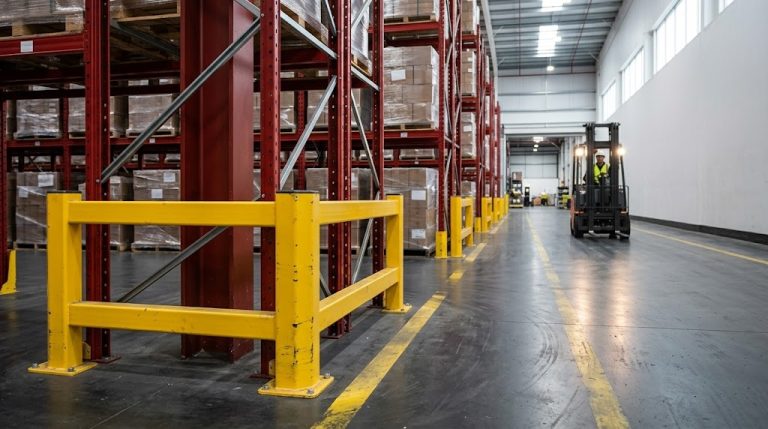 Yellow upright protectors and guards at the end of a racking aisle