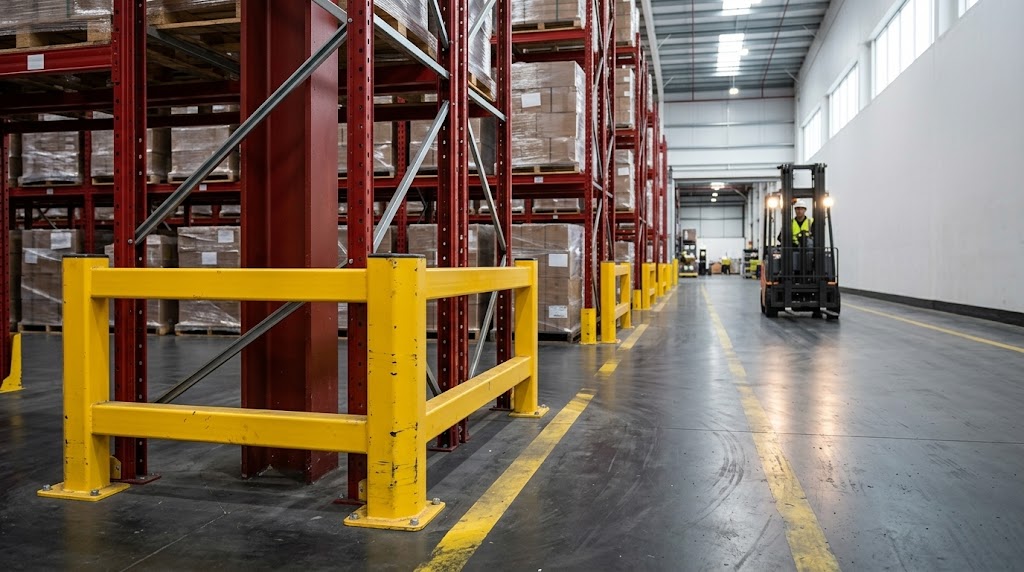 Yellow upright protectors and guards at the end of a racking aisle